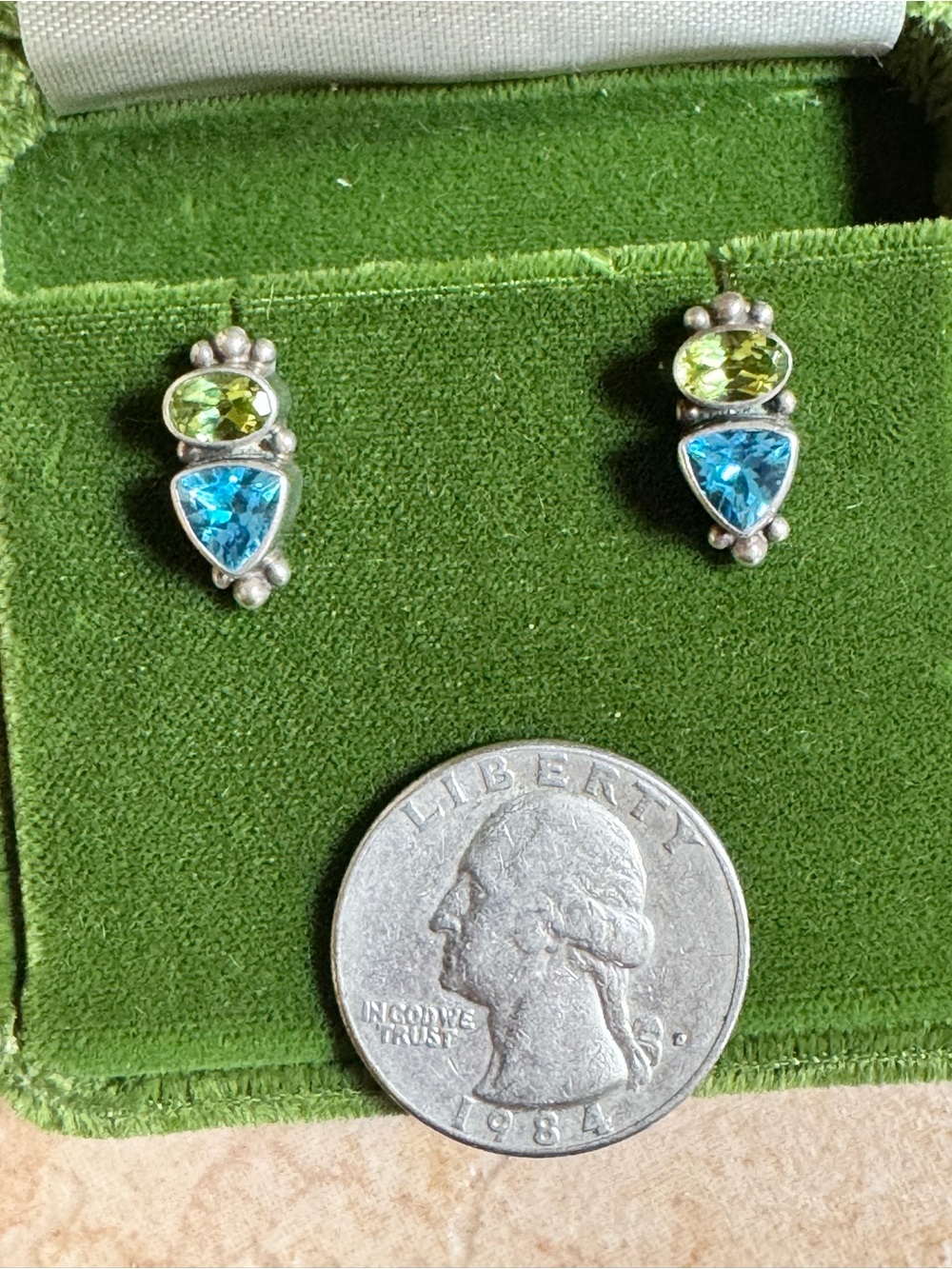 Sterling Silver Blue and Green Gemstone Drop Stud Earrings